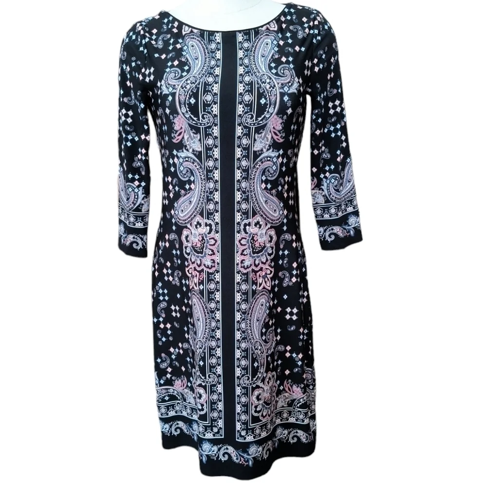 White House Black Market 3/4-Sleeve Paisley Print Knit Shift Dress Size …